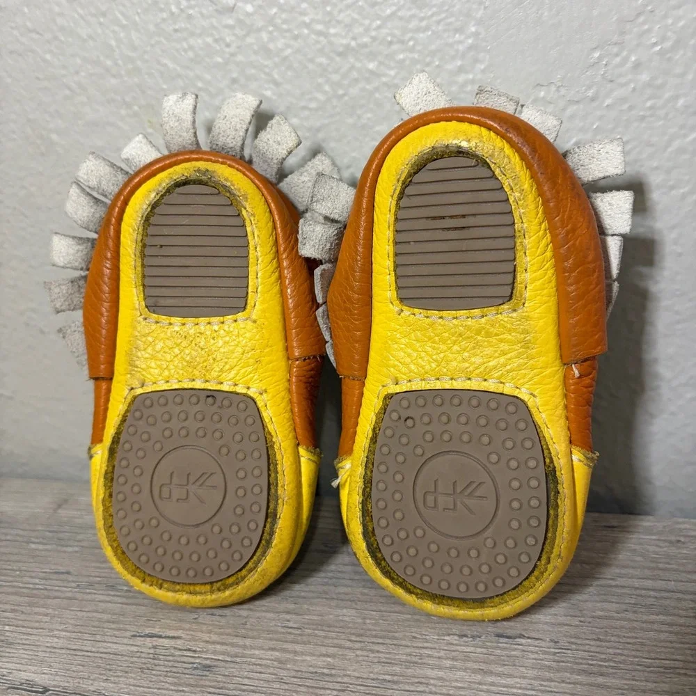 Freshly Picked Baby Leather Moccasins Size 4 Yellow Orange White Fringe TriColor